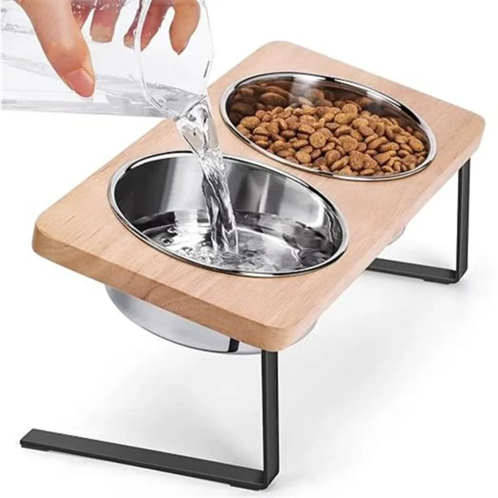 Elevated Cat Bowls, 15° Tilted Raised Cat Food Bowls Wood Pet Bowls with Stand